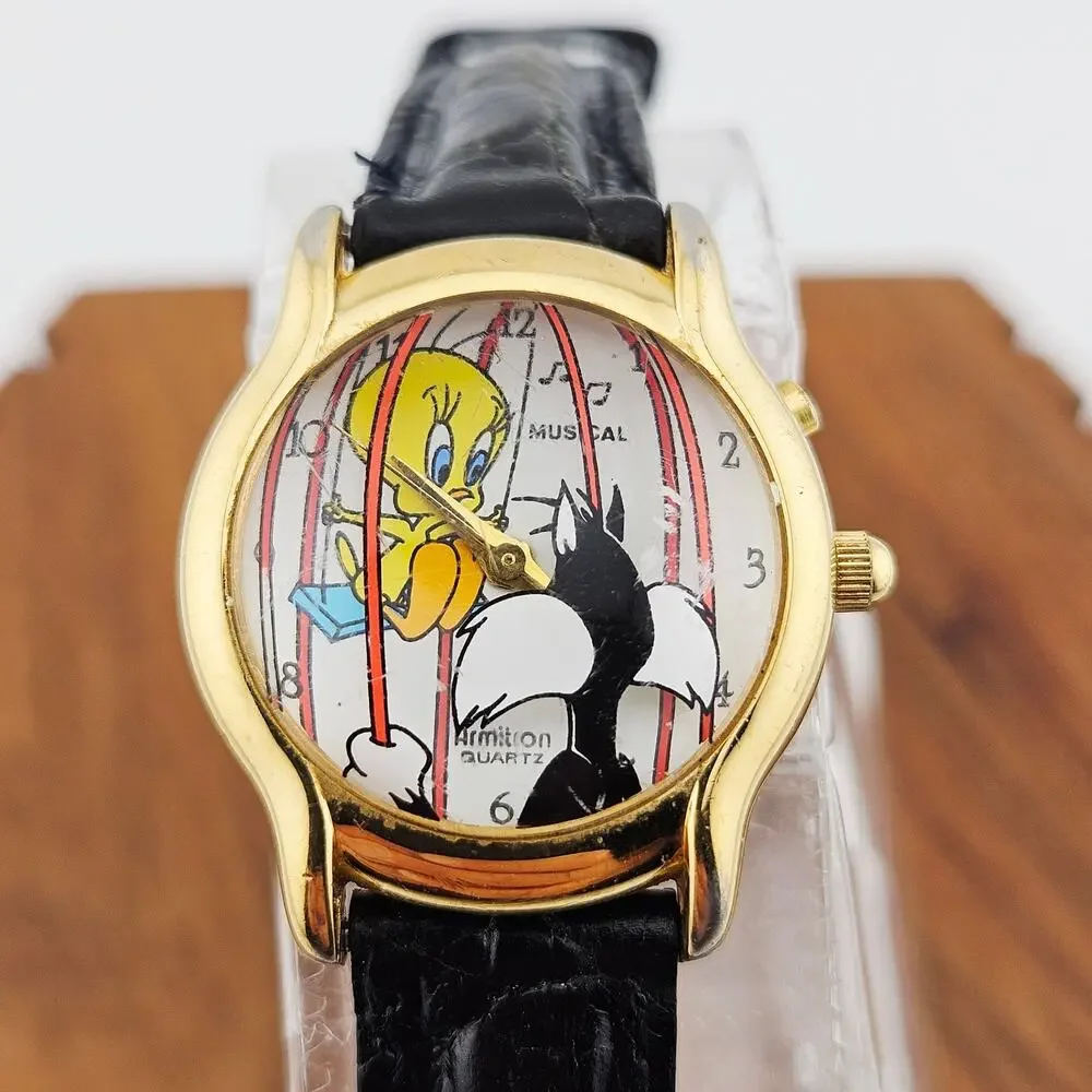 Vintage Armitron Sylvester & Tweety Bird Watch Black Leather Band Needs TLC
